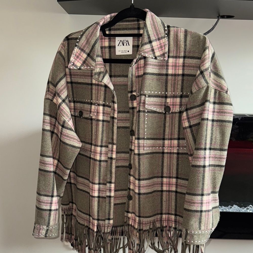 ZARA Plaid Fringe Jacket